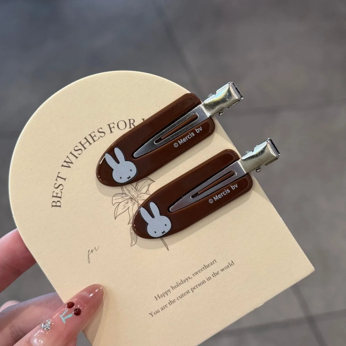 Kawaii Miffy Rabbit Hair Clip Coffee-colored Checkered Miffy Rabbit Traceless Clip Sweet and Retro Girl Cartoon Bangs Clip