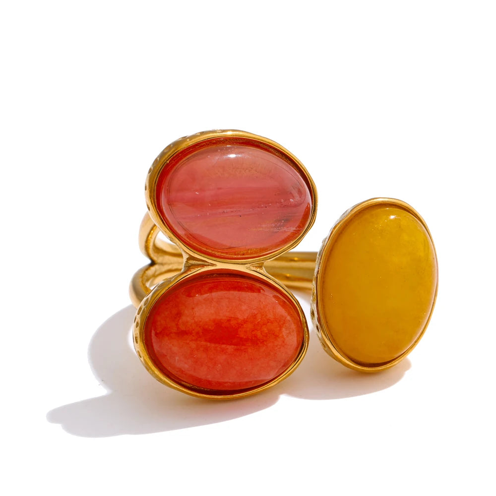 Yhpup Natural Aventurine Agate Stone Shell Pearl Flower Adjustable Ring Fashion Stainless Steel Charm Finger Jewelry Accessories