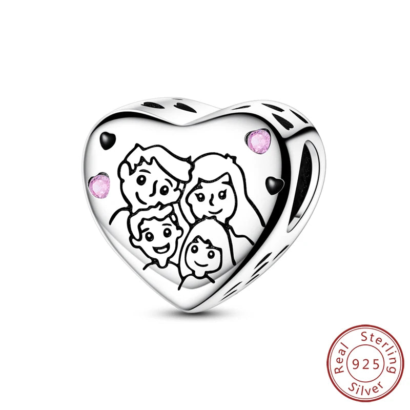 925 Sterling Silver Heart Shape Charm Beads Mother Daughter Family Pet Paw Beads Fit Bracelets Mother's Day Jewelry Gift
