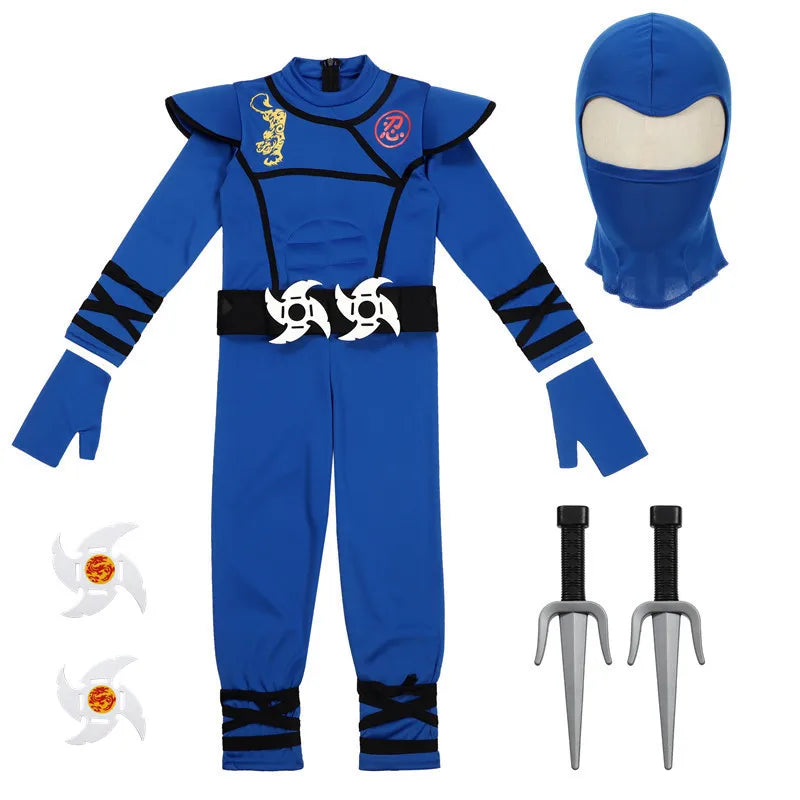 Black and Blue Ninja Costume for Kids Halloween Cosplay Party Outfit with Mask Toy Gift for Boys and Girls Holiday Party Costume