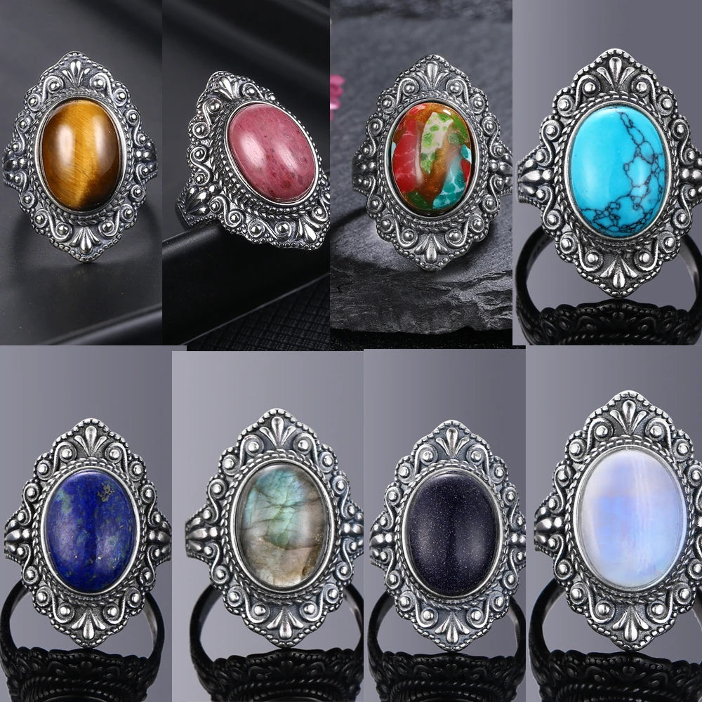 Oval Natural Labradorite Rings for Women Men S925 Silver Ring Finger Ring Retro Gemstone Rings Jewelry Party Gift