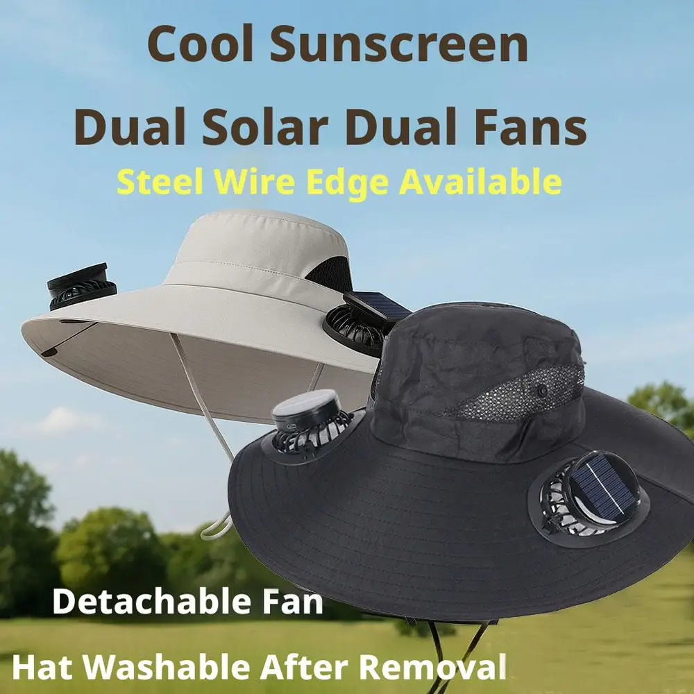 Solar Powered Cooling Hat with Dual Fans Built-in Sun Protection Wide Brim Baseball Cap Breathable Summer Hat for Fishing Hiking
