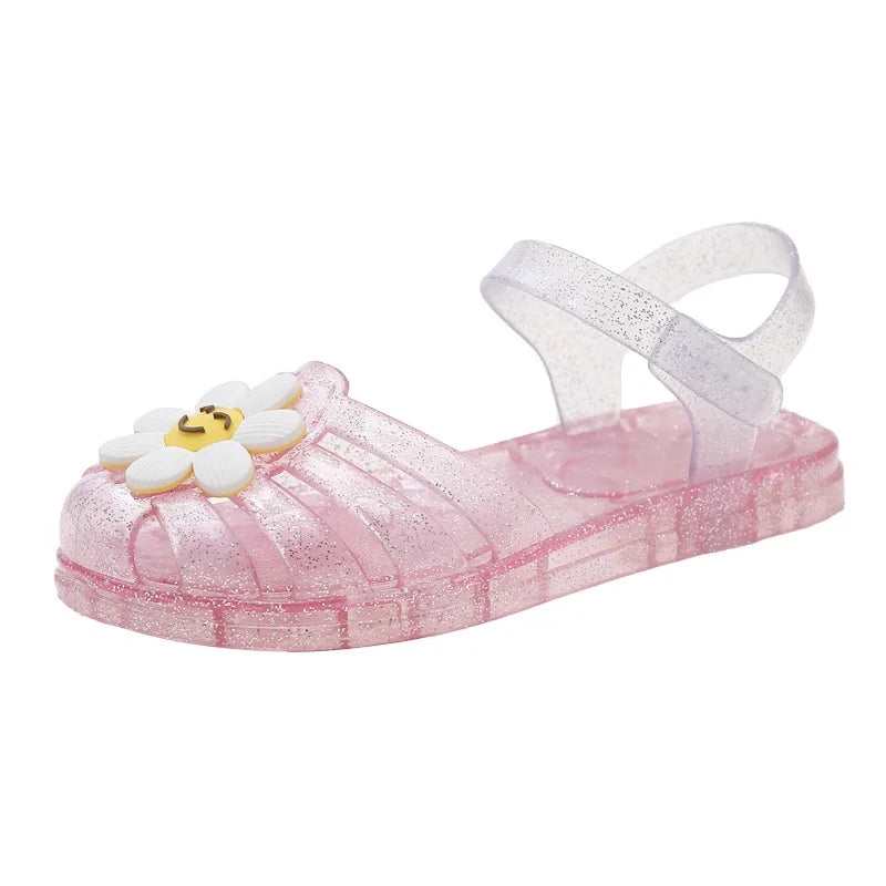Children's Glitter Crystal Sandals Girls Flower Smiley Face Jelly Beach Sandals Toddler Garden Shoes Kids Non-slip Casual Shoes