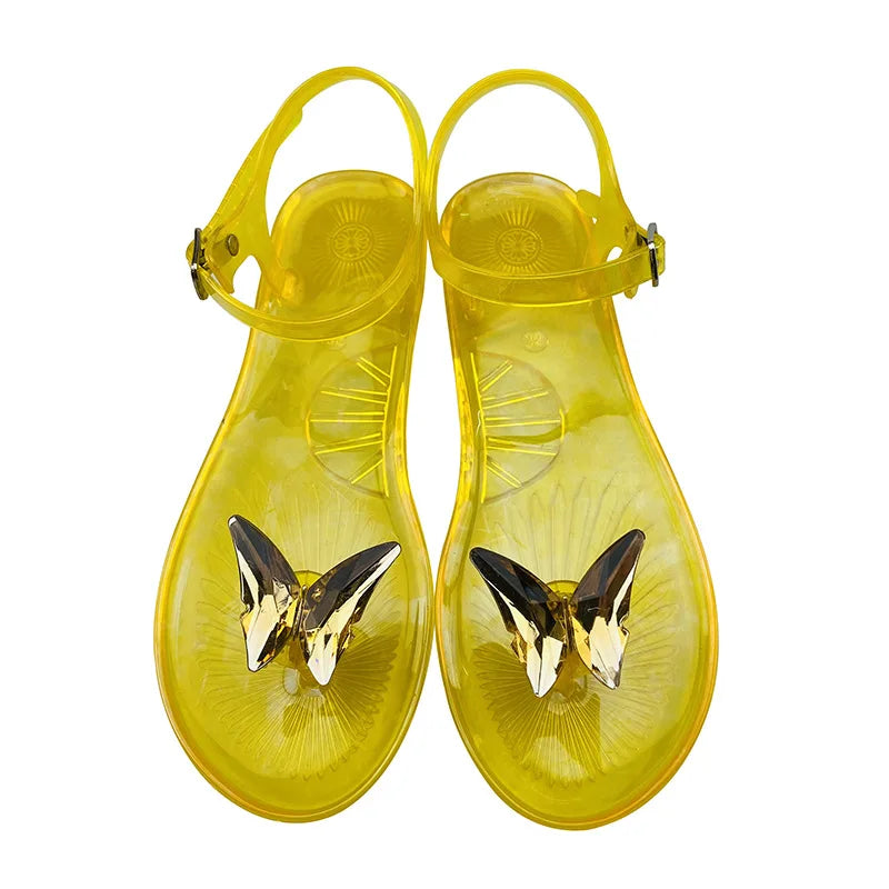 Summer Lady PVC Flat Crystal Shoes Women Vacation Beach Sandals Butterfly Rhinestone Transparent Jelly Sandals Outdoor Slipper