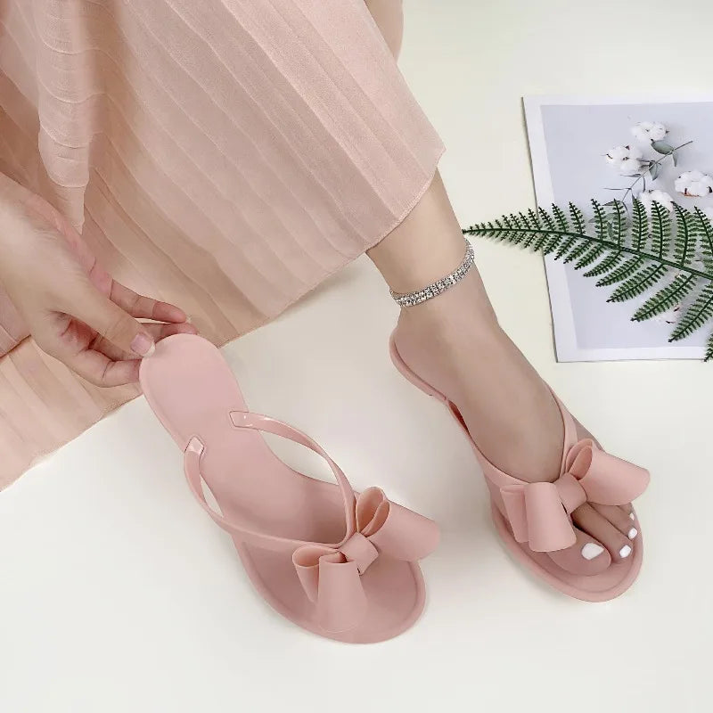 New Summer Women Bow PVC Sandals Jelly Shoes Lady Flat Casual Shoes Beach Shoes Adult Flip-Flops Soft Non-Slip Casual Sandals
