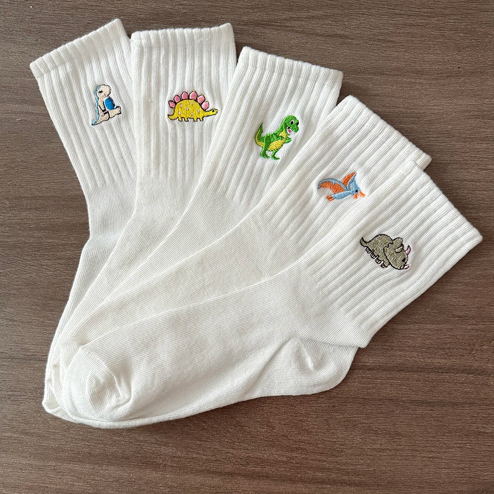 5 Pairs/Pack Cute Women Embroidery Dinosaur Socks White Lovely Cartoon Animal Vintage Shortnovelty Crazy Funny Cozy Socks