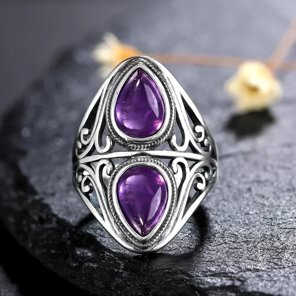 S925 Sterling Silver Vintage Ring With Natural Amethyst Two Stone Ring Waterdrop Shape Fine Jewelry Gifts for Women