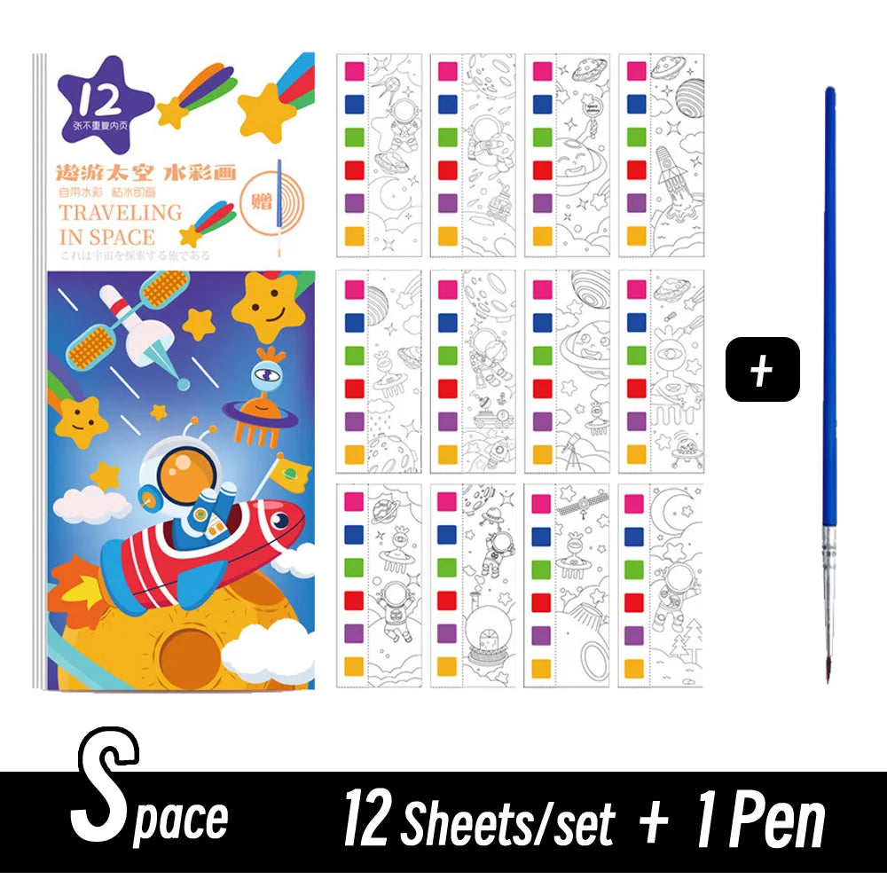 12 Sheets/Set Portable Watercolor Painting Paper Coloring Book With Paint Brush Filling Kids Graffiti Picture Drawing for Kids
