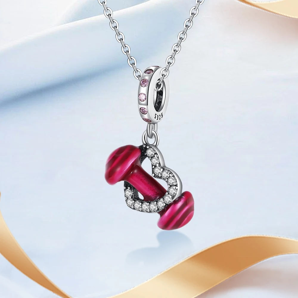 Nostalgic 925 Silver Red Dumbbells&Pink Motorcycles&Natural Pearl Shells&Hearts&Frosted Mura Charm Fit DIY Bracelet Jewelry