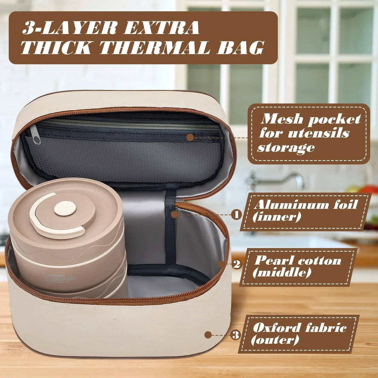 Lunch/Snack Box for Thermal, Stackable 2-Tier stainless steel Insulated Bento Box Set for Adult Kids Men Women