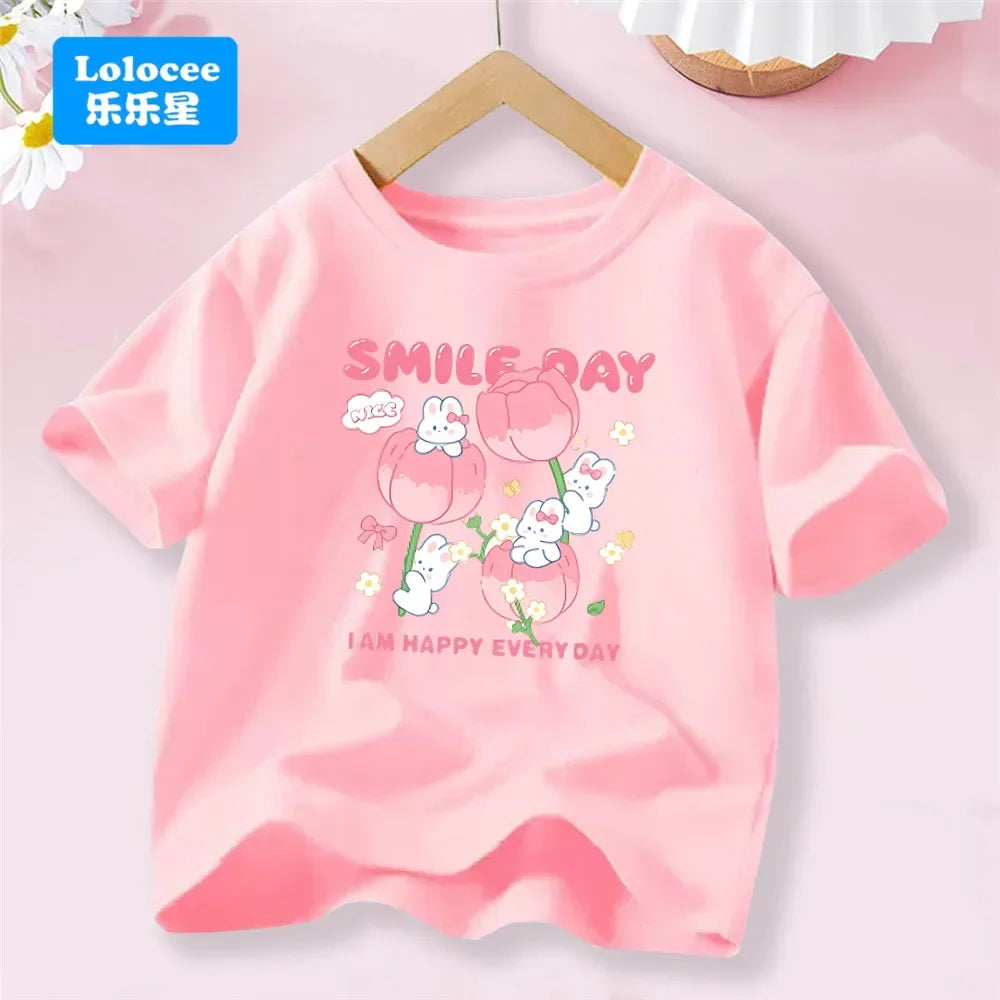 3-14T Kid Clothes Summer Cotton T Shirt Short Sleeve Top Beauty Tulip Flower and Rabbit Print Tee Childrens Candy Color Tshirt
