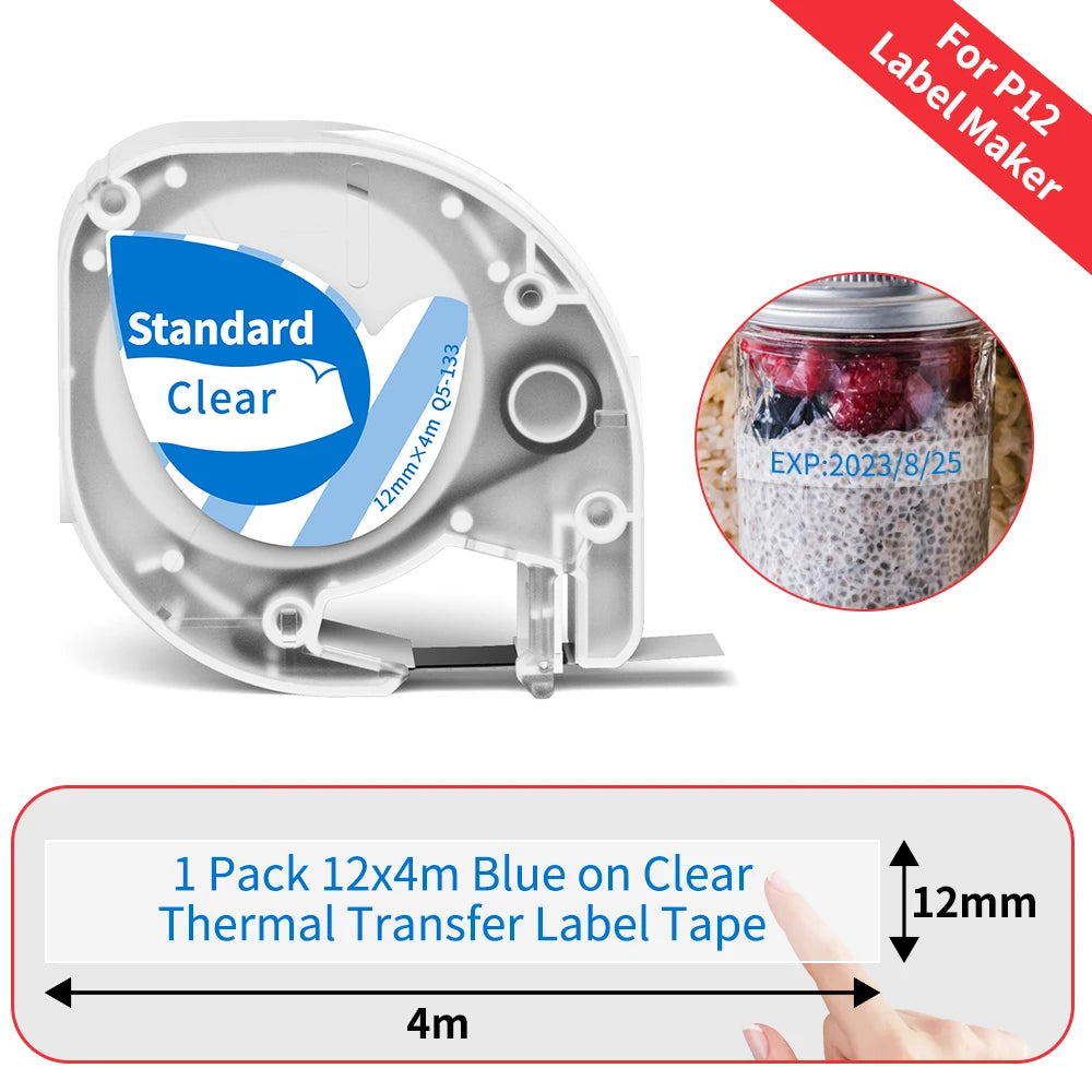 P12 Label Tape Compatible with Dymo LetraTag 200B Refills LT-100H Label Replacement for Phomemo P12 PRO Label Maker 12mm x 4m
