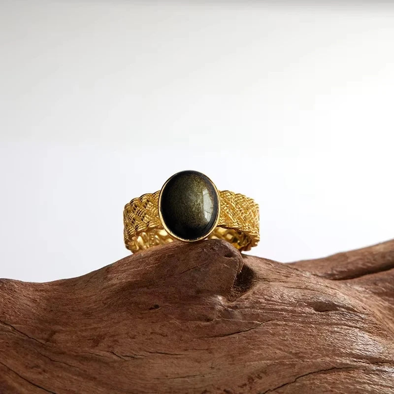 Vintage S925 Sterling Silver Ring Oval Round Natural Obsidian Ring Sun And Flower Shaped Retro Fine Jewelry For Women Men