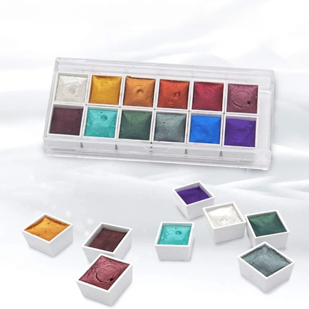 Portable 12 Colors Retro Solid Watercolor Set Basic Water Colour Pigment Pearl Sketch Paints for Artists Students Art Supplies