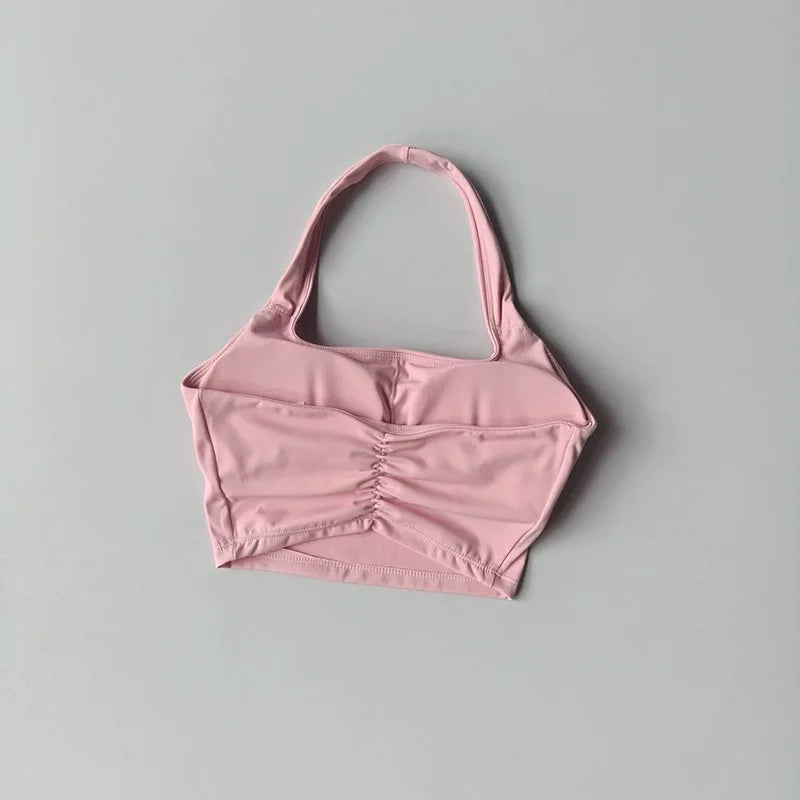 Summer New Sexy Hanging Neck with Chest Pads, Beautiful Back Sports Bra, Women's Light Luxury Fashion, Unique Pleated Sports Bra