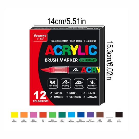 Guangna Acrylic Paint Markers Brush Tip, Direct-Liquid Ink Control System, Professional-Grade Paint Pen for Any Surface
