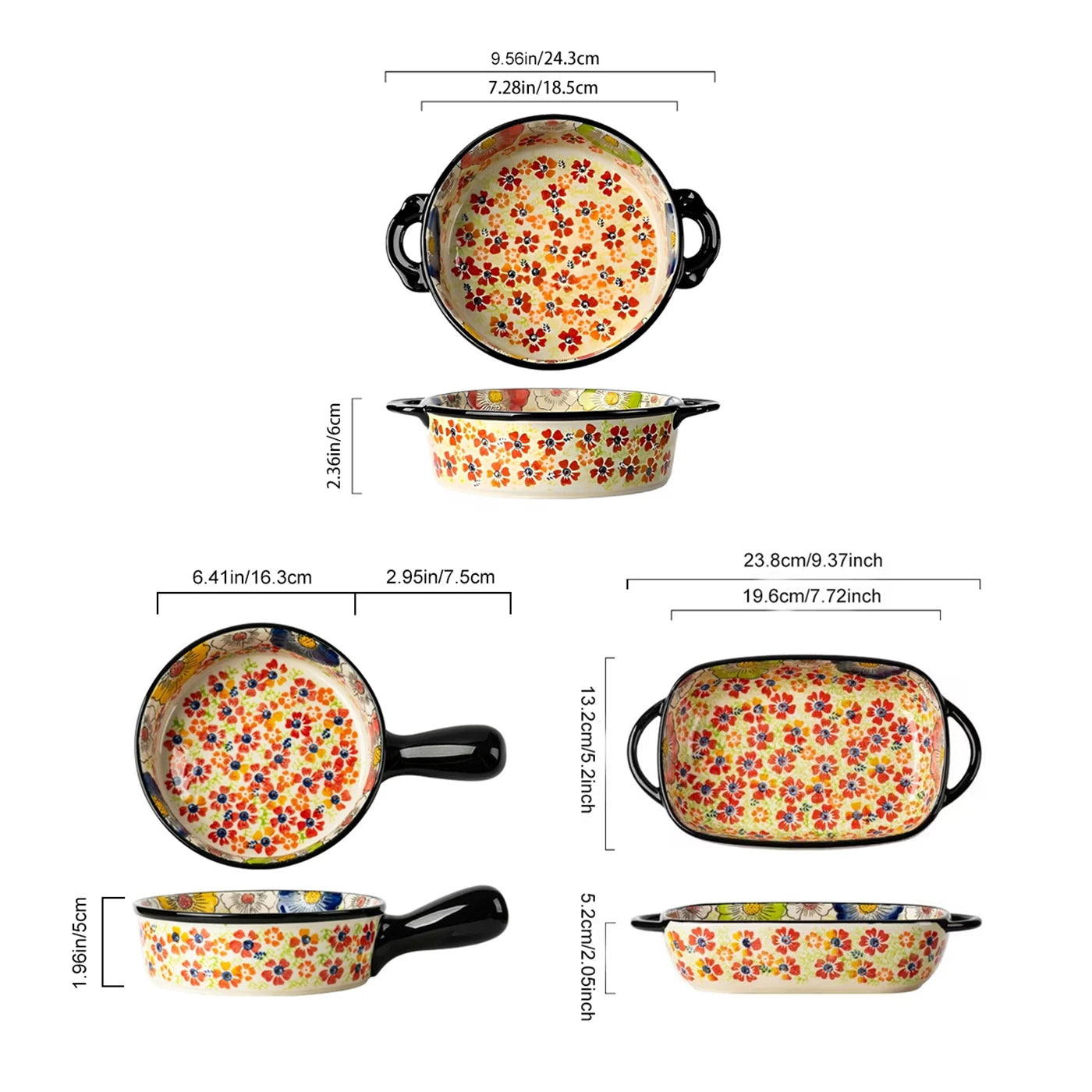 Polish Pottery Floral Baking Dish Set, Hand Painted Ceramic Bakeware with Handles, Oven Safe for Casserole & Fruit Serving