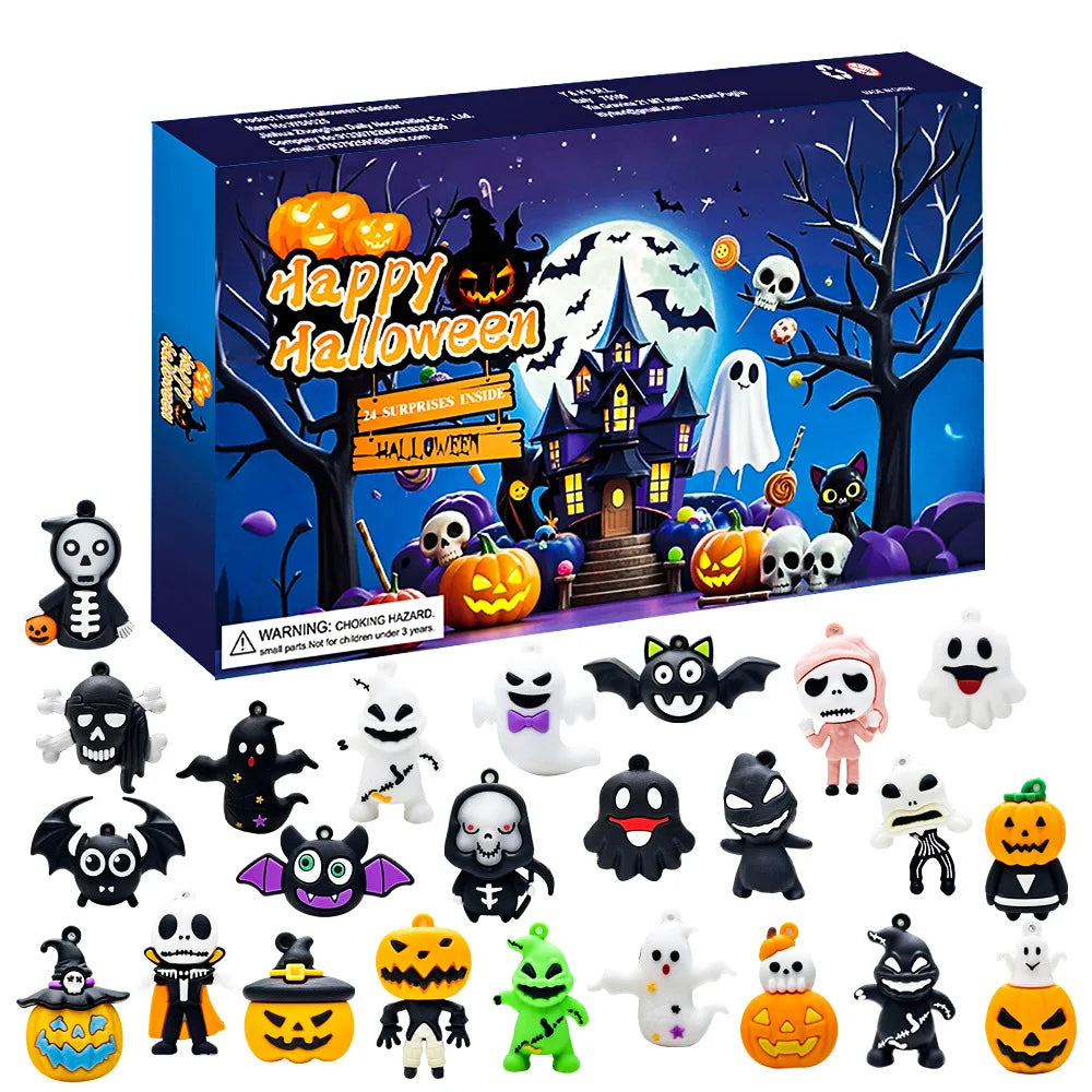 Halloween & Christmas 24 Days Advent Calendar Countdown Mystery Blind Box,Pumpkin Ghost Skull Dinosaur Keychain Ornament Gift