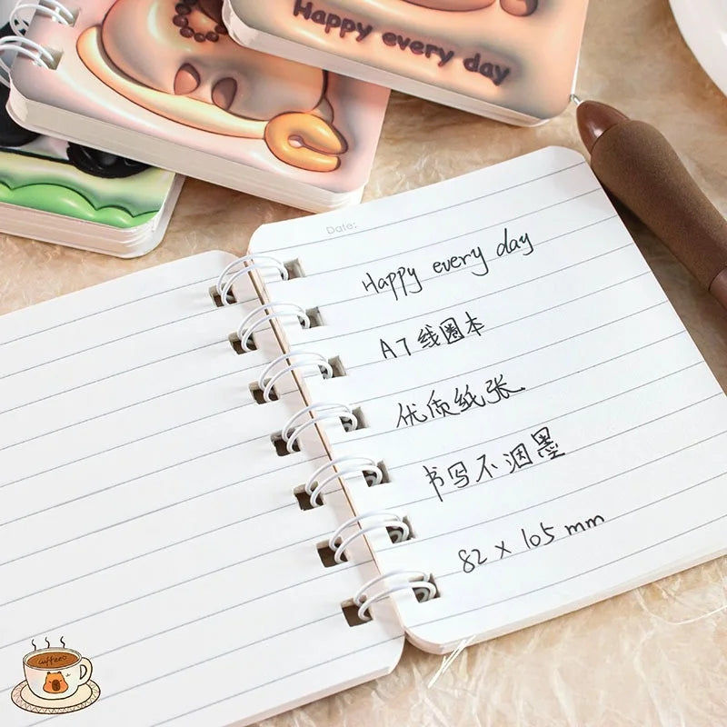 3D Cover Puff A7 Notebook for Students, High-Aesthetic Spiral Mini Journal, Portable Notepad for School Office Capybara Panda