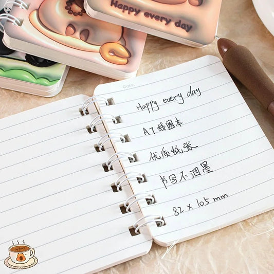 3D Cover Puff A7 Notebook for Students, High-Aesthetic Spiral Mini Journal, Portable Notepad for School Office Capybara Panda