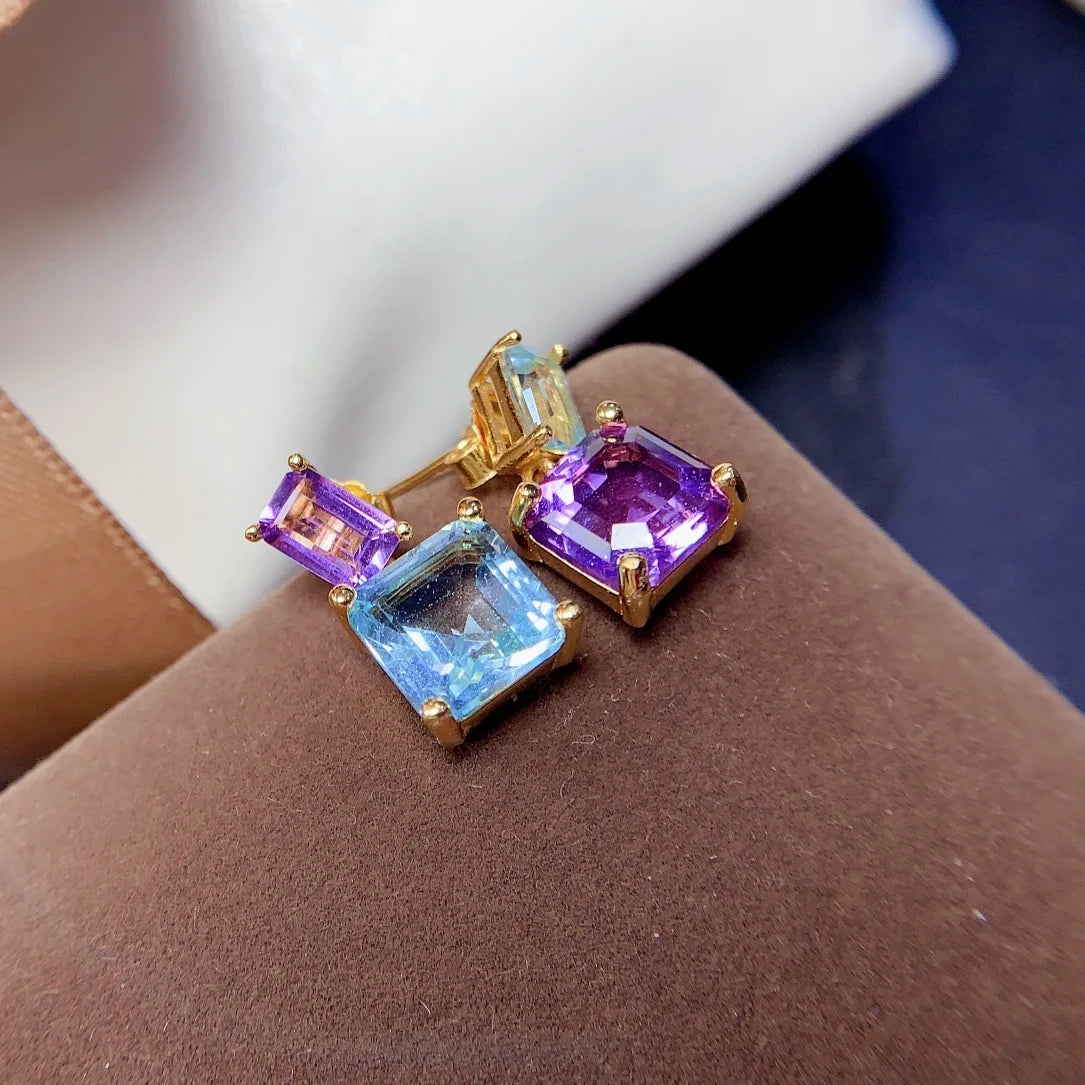 FS S925 Sterling Silver Natural Amethyst Topaz Asymmetric Earrings for Women Fine Charm Wedding Jewelry With Certificate MeiBaPJ