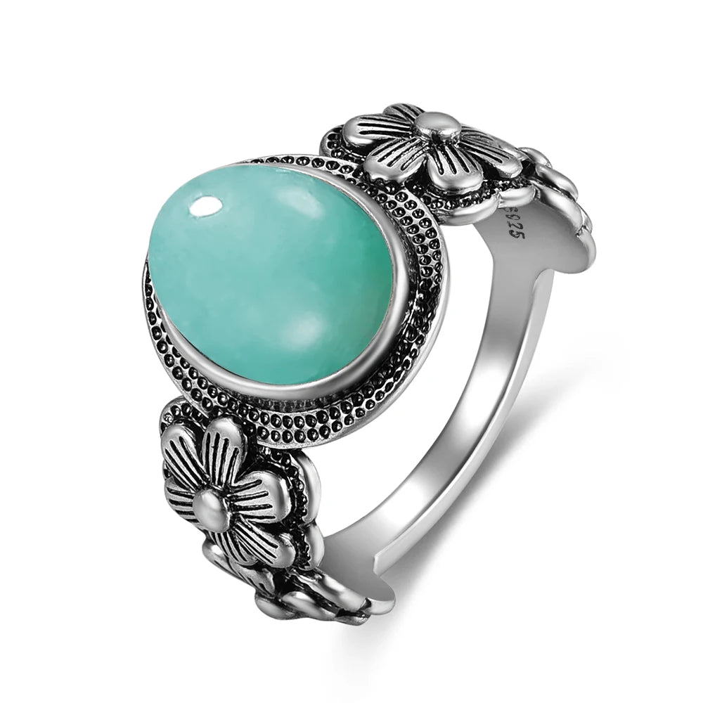 Vintage S925 Sterling Silver Rose Flower Ring With Oval 8*10mm Natural Moonstone Sweet Ring Fine Jewelry For Woman