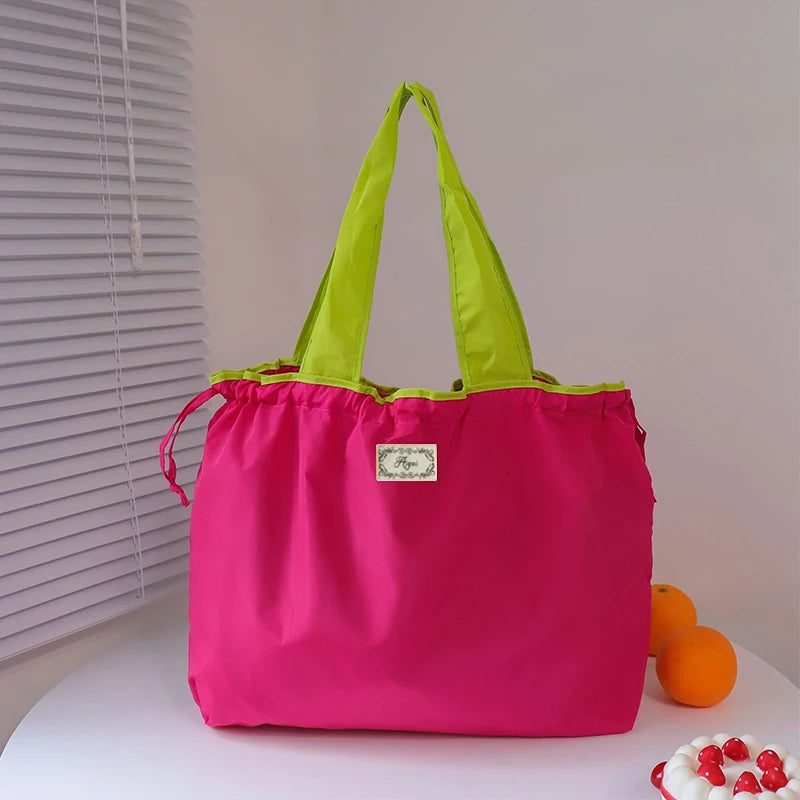 Large Capacity Reusable Shopping Bag Fashion Eco-Friendly Drawstring Grocery Bag Casual Travel Waterproof Shoulder Handbag