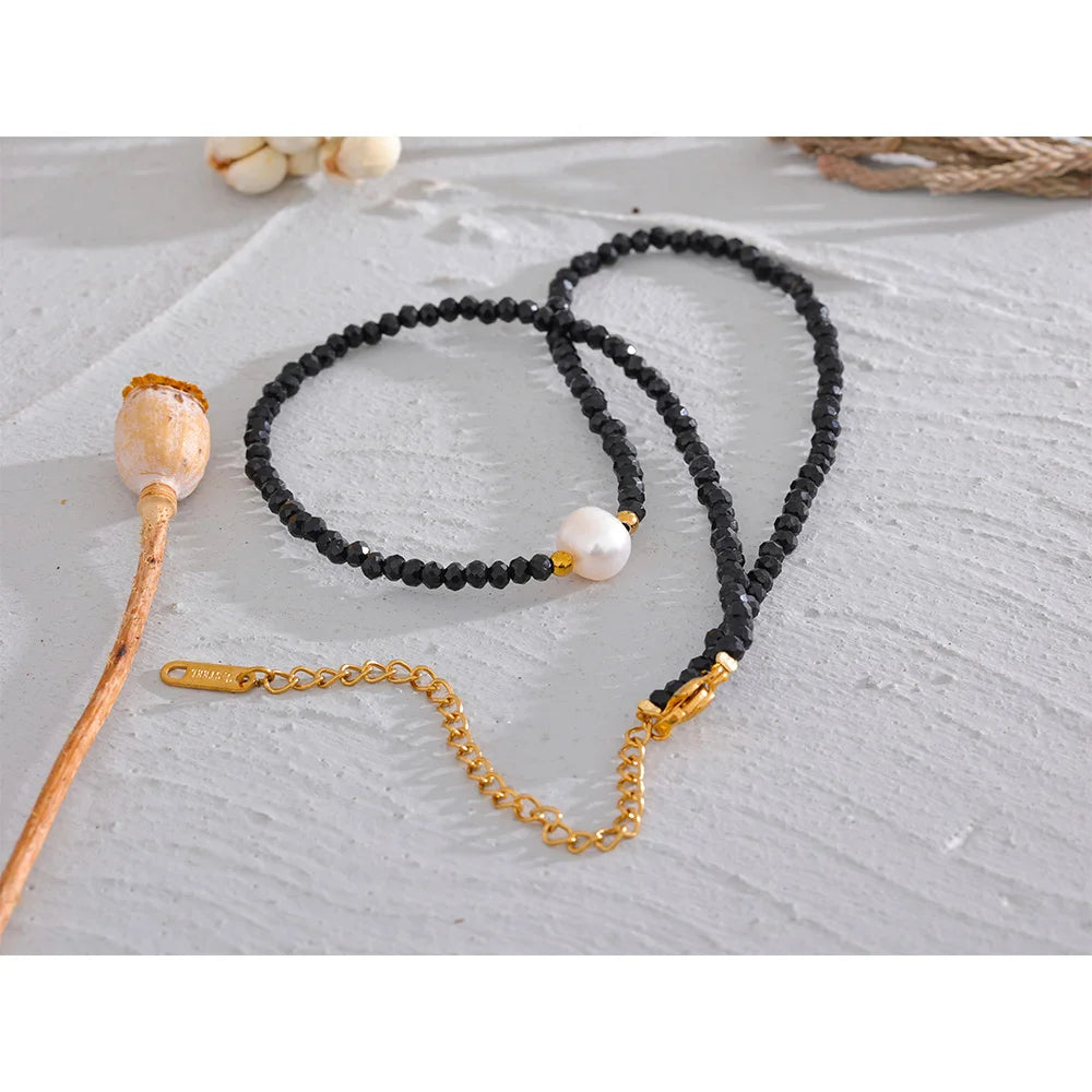 Yhpup Black Crystal Beads Chain Stainless Steel Natural Pearl Collar Necklace for Women Handmade Trade Trendy Simple Jewelry
