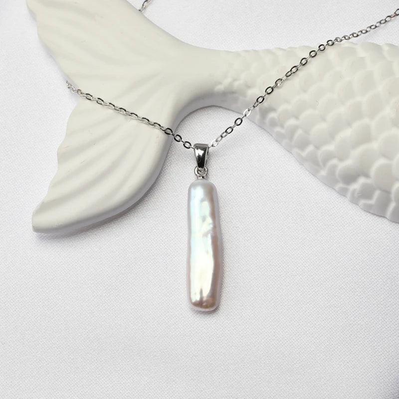 Natural Aurora Bright White Small Silver Bar Baroque Pearl S925 Sterling Silver Pendant Necklace Light Luxury Fashion Jewelry