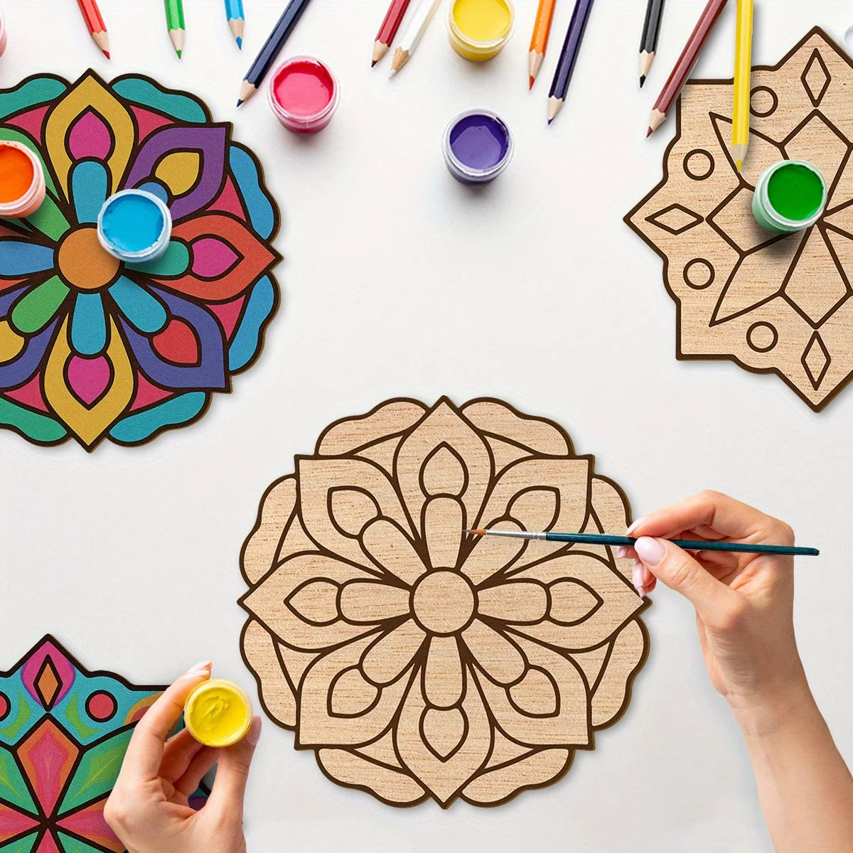 8pcs Unfinished Mandala Coloring Wooden Art Painting DIY Kit, Creative Craft Doodle Tool Kit, High-Quality Materials,Clear Lines