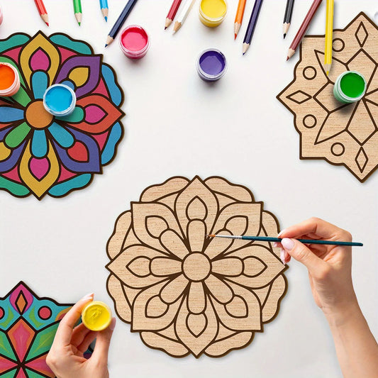 8pcs Unfinished Mandala Coloring Wooden Art Painting DIY Kit, Creative Craft Doodle Tool Kit, High-Quality Materials,Clear Lines