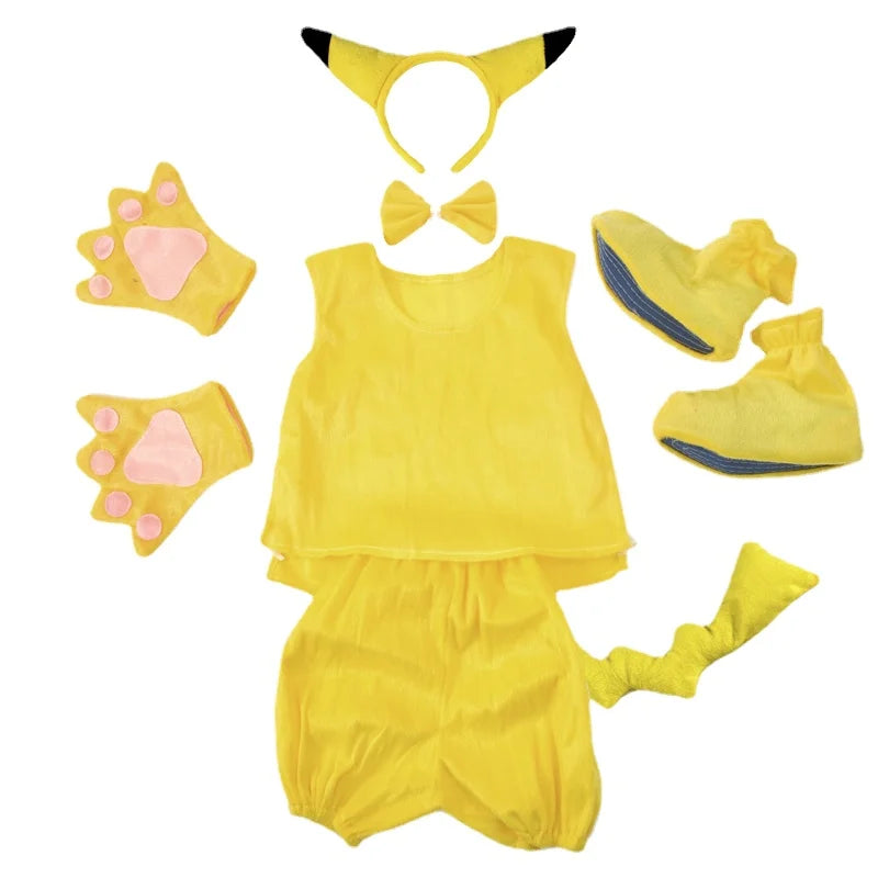 Halloween Party Kids Yellow Pokiimon Pikaqiu Cosplay Costumes with Headwear Gloves Dress Pants Tail Sets Dress Up for Girl Boy