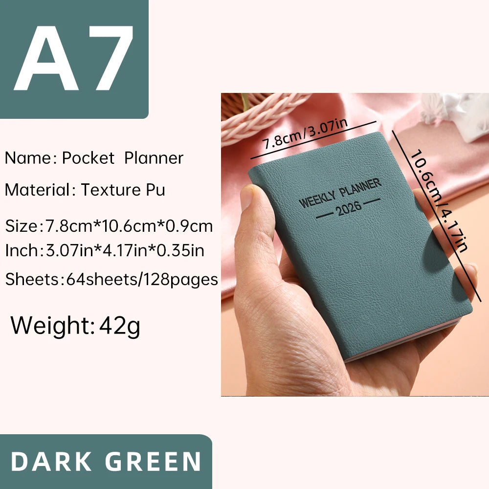 1Pc A7 2026 Daily Planner Notebook Morandi PU Cover Schedule Book 64Sheets 128Pages Weekly Calendar Journal Office School Gift