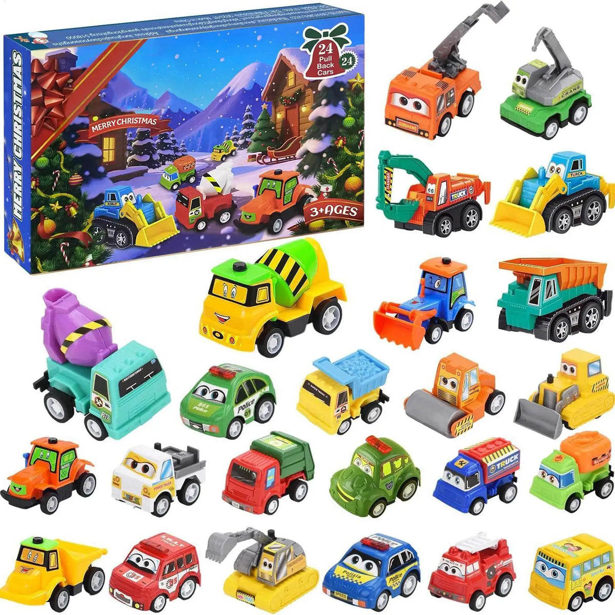 Christmas Car Advent Toy 24pcs Pull-back Car Ornament Pull-Back Vehicle Model Christmas Countdown Calendar for Kids Xmas Gifts