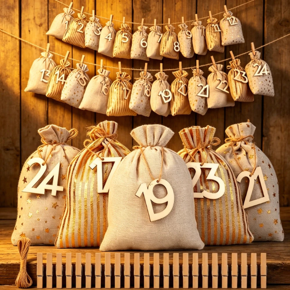 24pcs Advent Calendar Burlap Drawstring Gift Bags With Wooden Number Tags Jute Rope Gold Star Pouches Countdown Treat Packaging