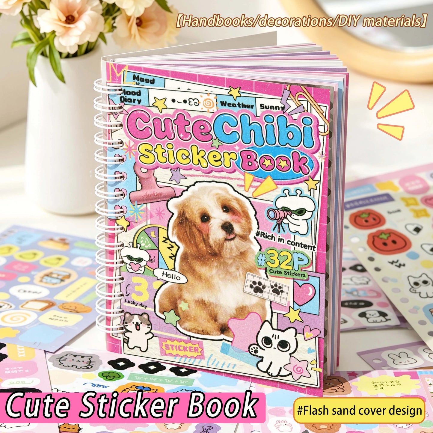 1600+ Materials, 32 Cute Animal Sticker Books, Double Spiral Binding with Built-In Die-Cutting, DIY Decoration Sticker Material Books for Journals/Water Bottles/Notebooks, Etc