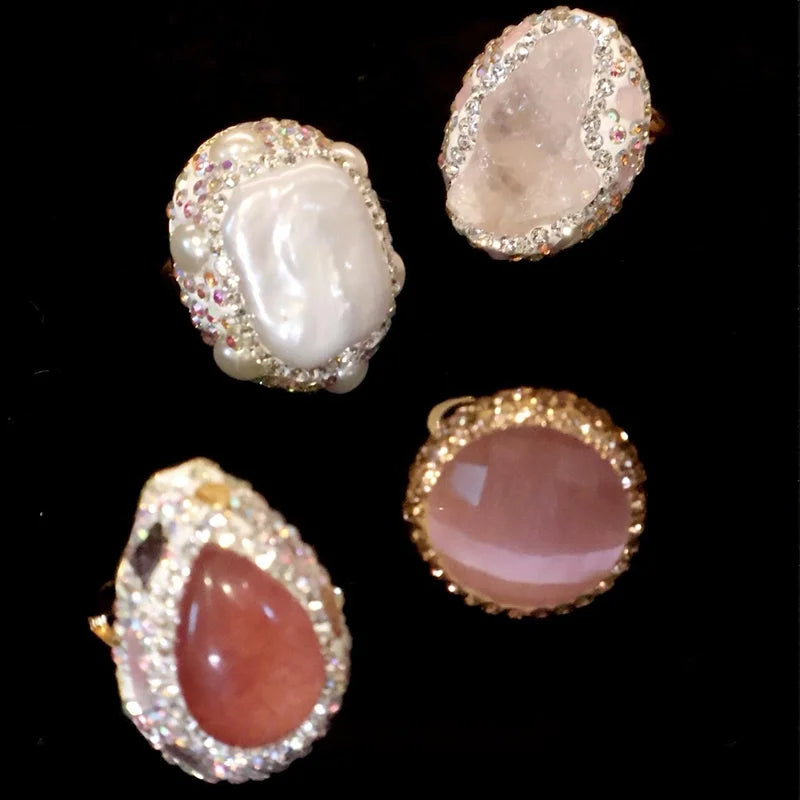 Natural Amethyst Freshwater Pearl Finger Rings Handmade Rhinestone Quartz Sudan Stone Jewelry for Women Mix Design Gemstone