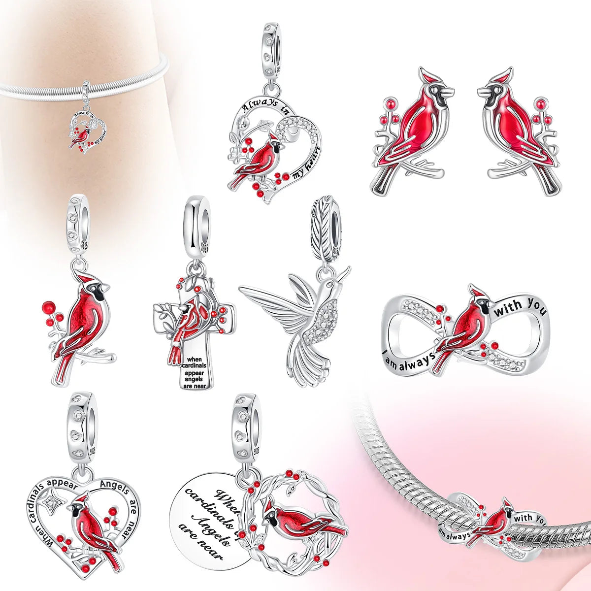 S925 sterling silver Love Cross Cardinal bird beads Charms Beads Fit 925 Original Bracelet DIY Jewelry Women's gift