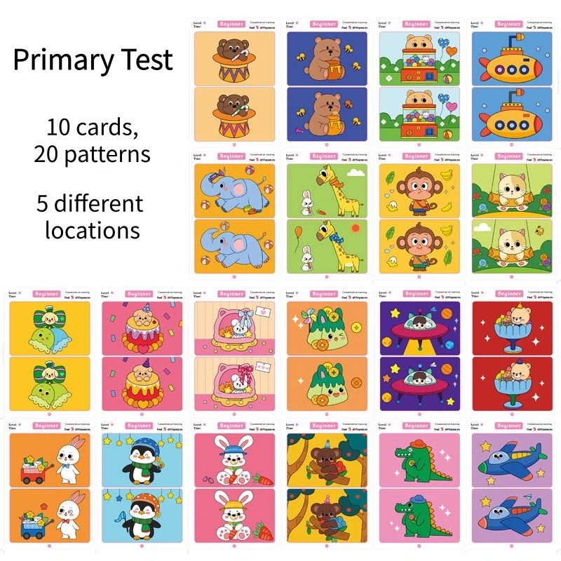 Find Differences Card Game Reusable Cartoon Educational Puzzle for Kids Three Difficulty Levels for Focus Attention Training