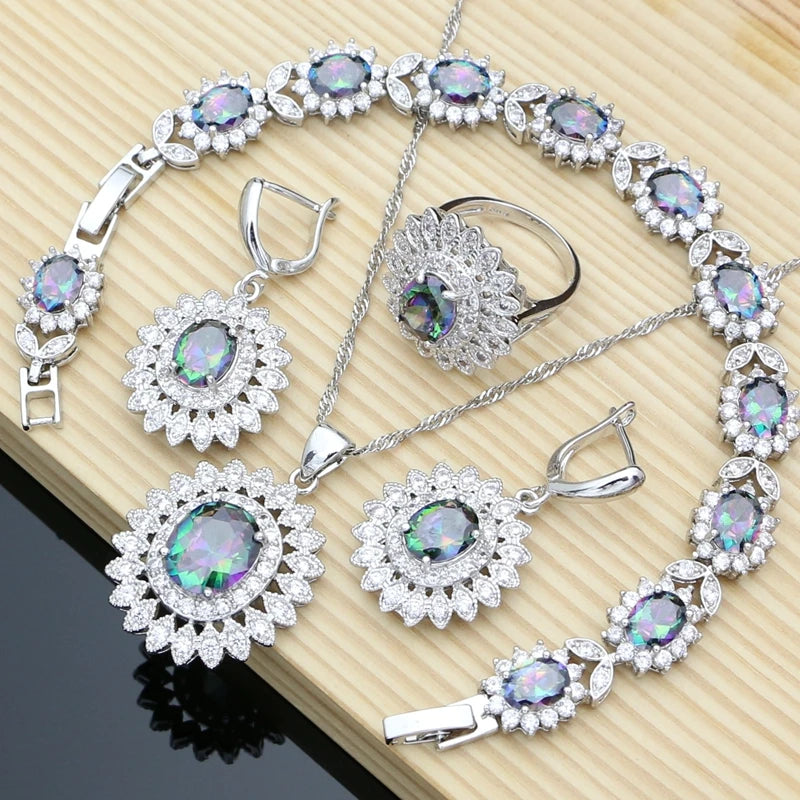 Natural Oval Blue Zircon White CZ Silver 925 Jewelry Sets For Women Party Earrings/Pendant/Necklace/Rings/Bracelet Dropshipping
