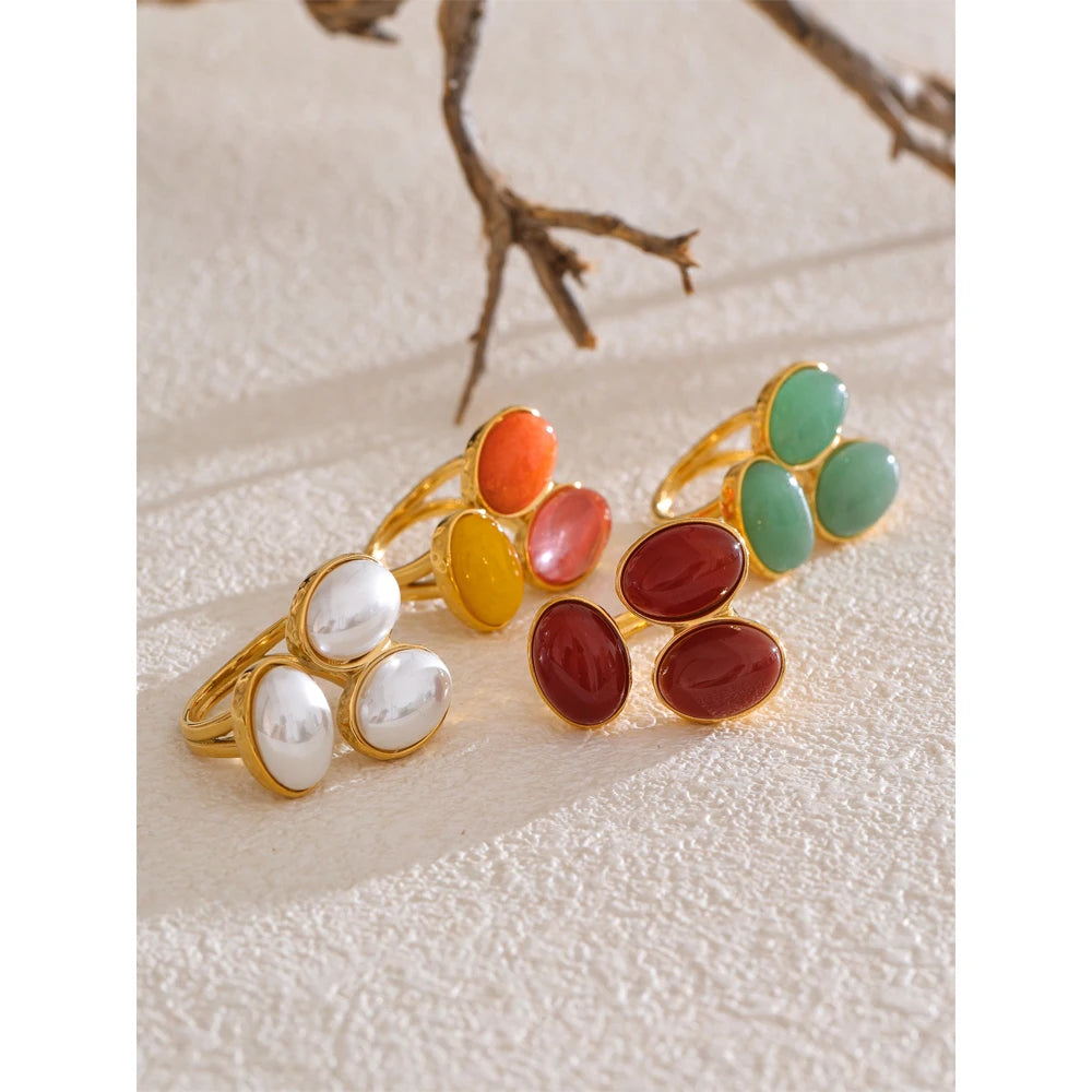 Yhpup Natural Aventurine Agate Stone Shell Pearl Flower Adjustable Ring Fashion Stainless Steel Charm Finger Jewelry Accessories