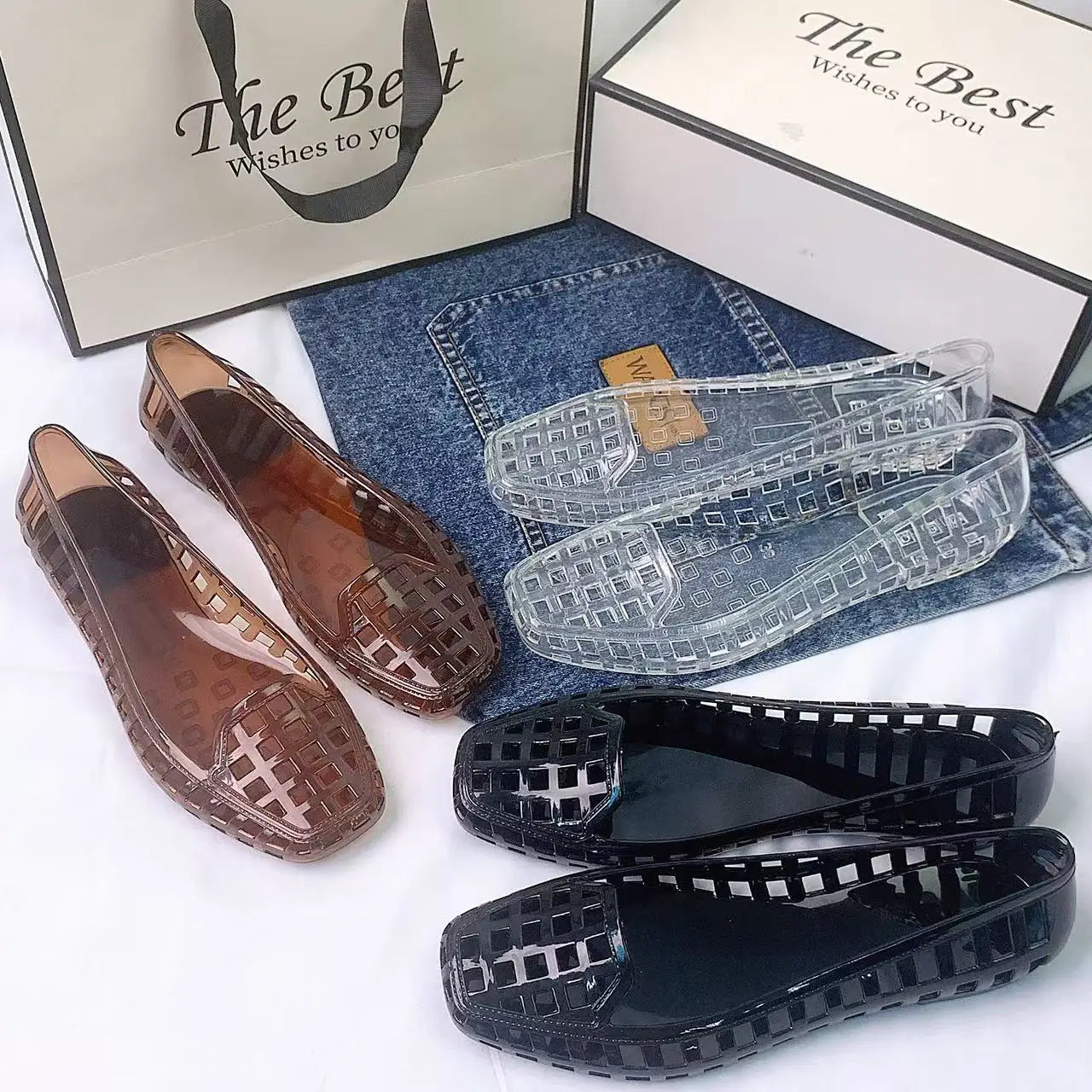 Spring and Summer New Korean Style Transparent Crystal Shoes for Women, Comfortable Closed-Toe Hollow Sandals, Soft and Fashionable Dongdaemun Jelly Shoes, Slip-On Slippers