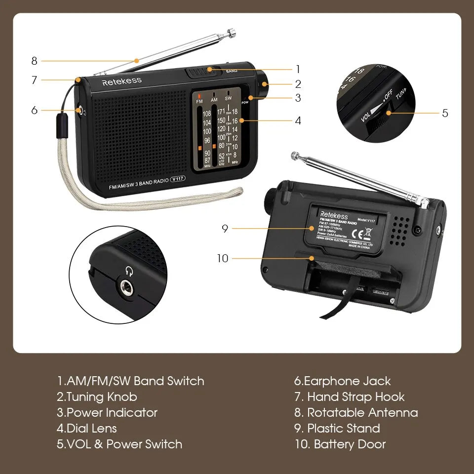 Retekess V117 Analog AM FM Radios ABS Material Shortwave Radio with Telescopic Antenna Large Knobs Ideal for Indoor and Senior