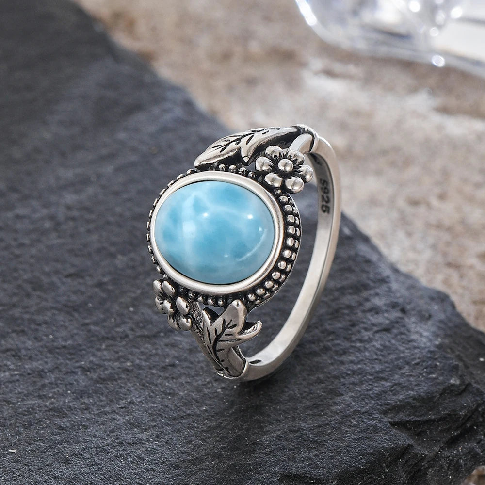 Vintage S925 Sterling Silver Natural 8*10mm Larimar Stone Ring Gift Flower leaf Shaped Moonstone Ring Fine Jewelry For Women