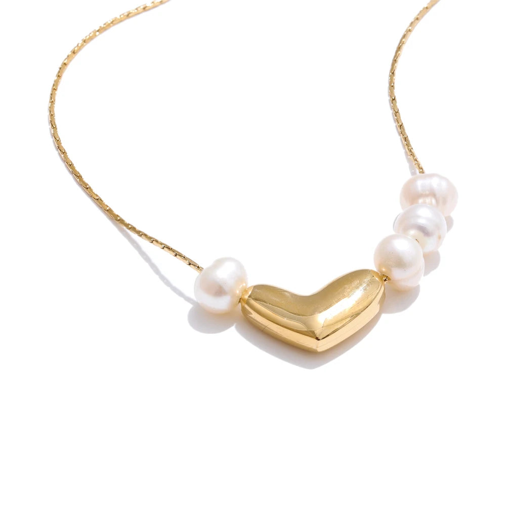 Yhpup Valentine's Day Gift Natural Pearl Heart Love Pendant Necklace for Women Stainless Steel Exquisite Arrivals Jewelry