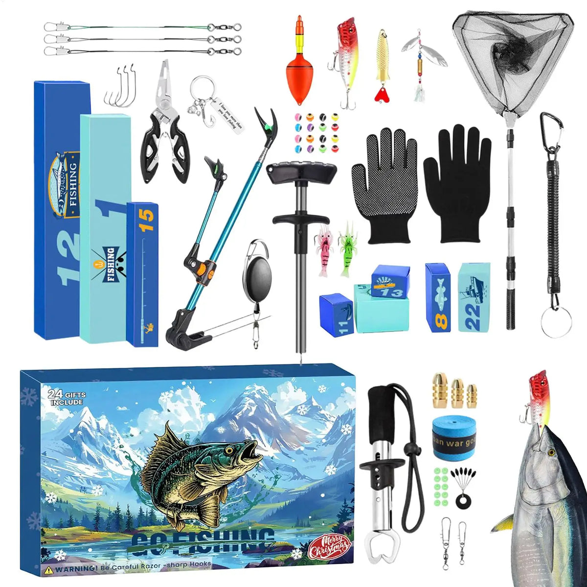 Fishing Advent Calendar 2025 24 Day Christmas Countdown Box with Fishing Accessories Rod Holder Lip Gripper for Dad Husband Gift