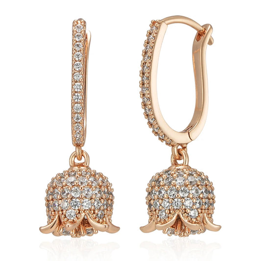 Kienl Hot Full Shiny Natural Zircon Long Drop Earring for Women 585 Rose Gold Color Unique Crystal Flower Daily Vintage Jewelry