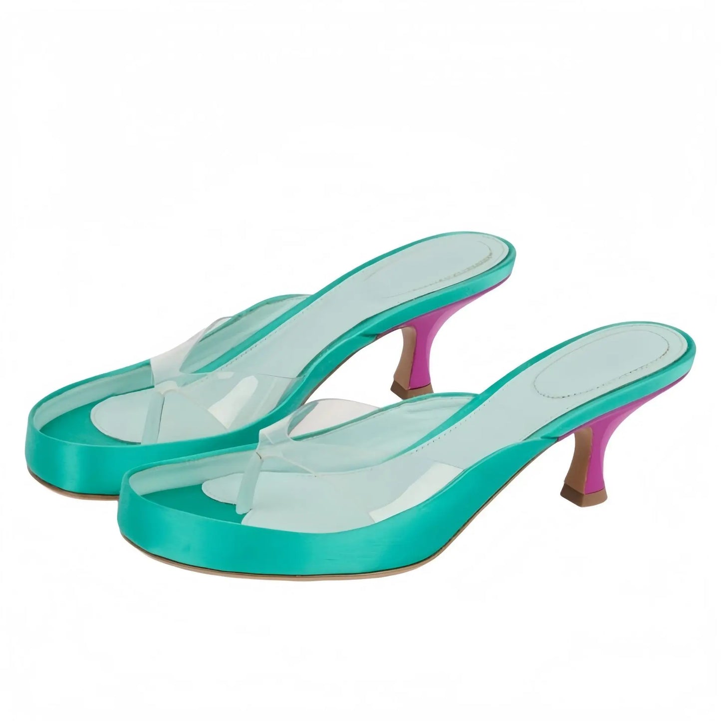 Women's Contrast Heel Mule Sandals Glossy Satin Platform Thong Slides Clear PVC Kitten Heel Vacation Shoes Fish Mouth Flip Flops