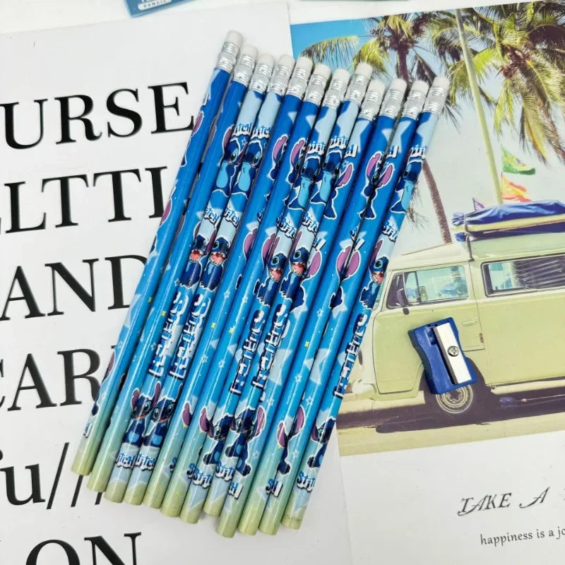 12pcs Cute Stitch Anime Cartoon Kawaii Pencils with Sharpener for Students Children School Supplies Writing Tool Gifts for Kids