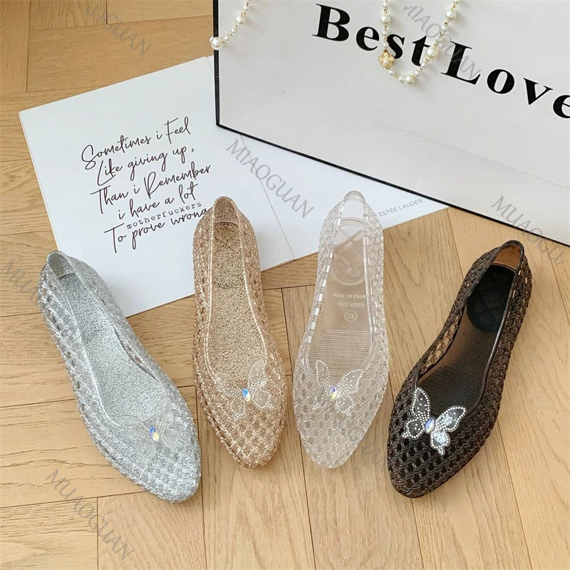 Fashion Crystal Butterfly Jelly Sandals Clear Sequin Outdoor Beach Flat Shoes Causal Comfort Vacation Mesh Breathable Footwears